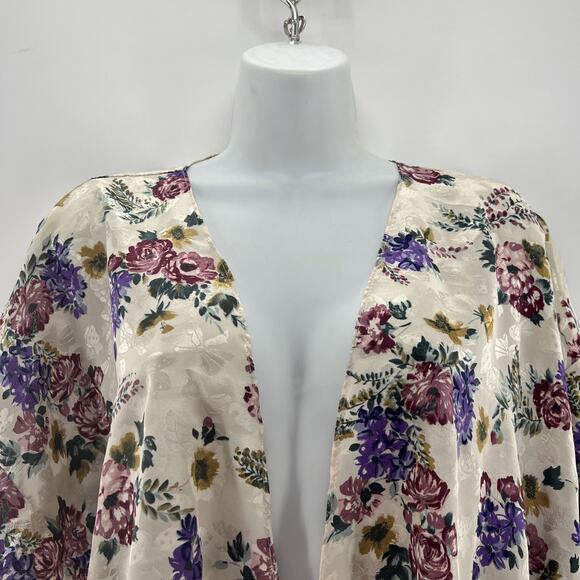 Vintage California Miss Robe Women Large Floral‎ Ivory Silky Damask Kimono - Picture 3 of 11